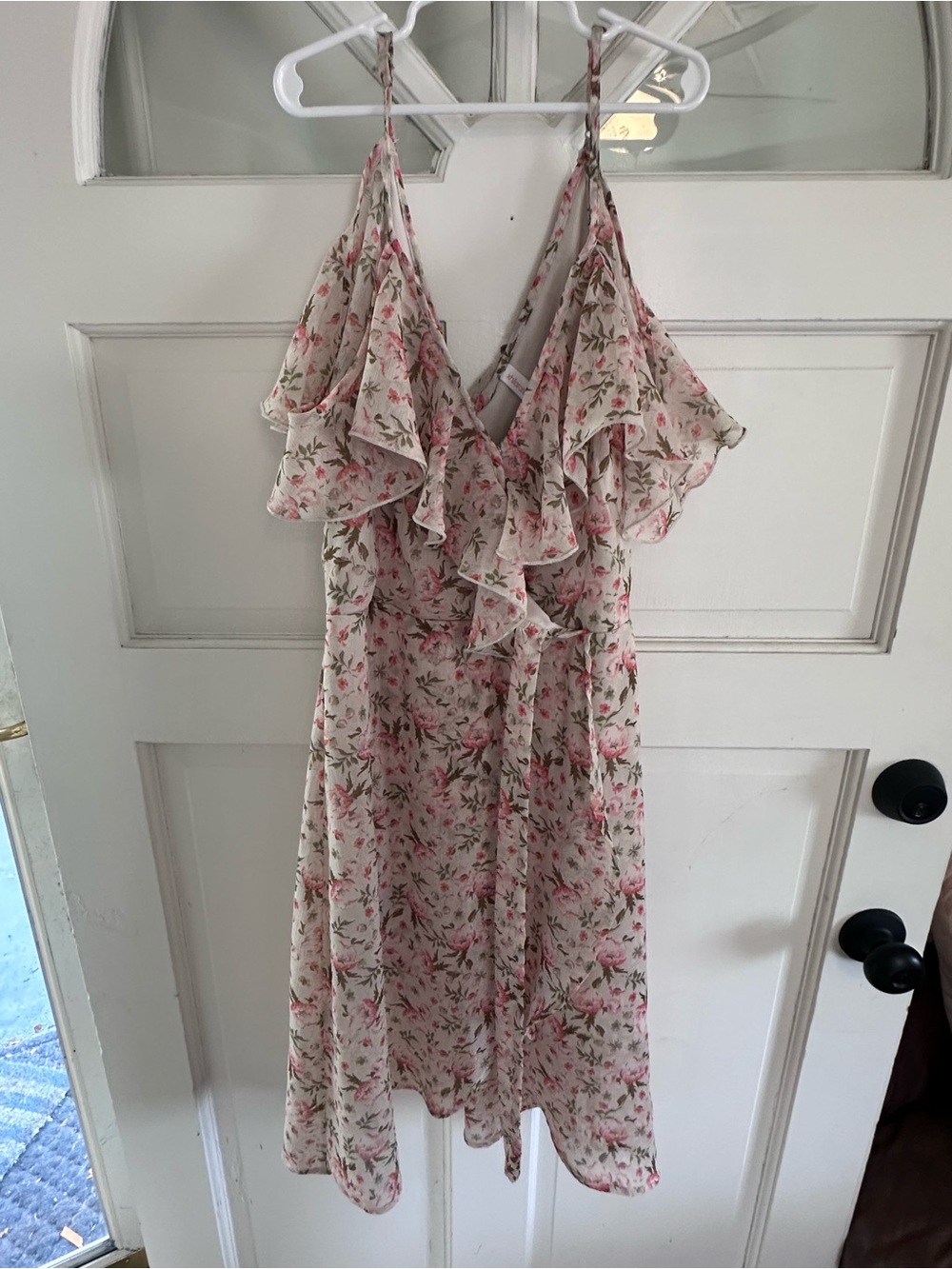 Xhilaration Cream Floral Ruffle V-Neck Dress with Pink Blooms